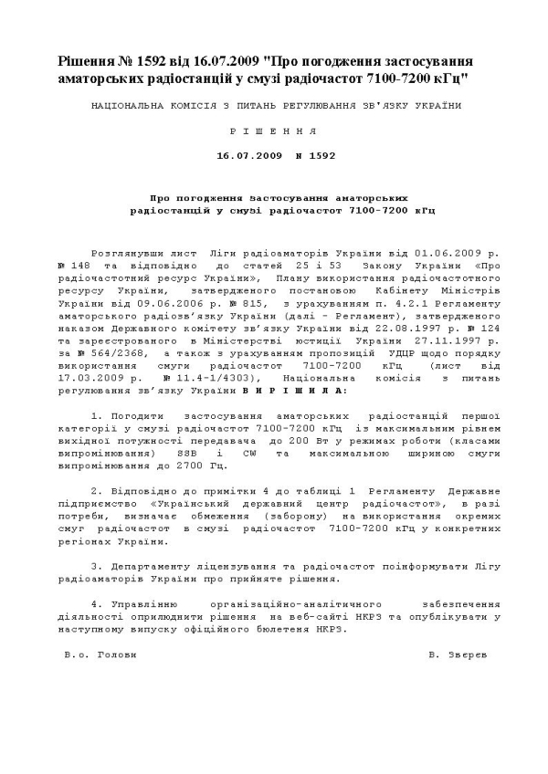 "О согласовании применения любительских радиостанций в полосе радиочастот 7100-7200 кгц"